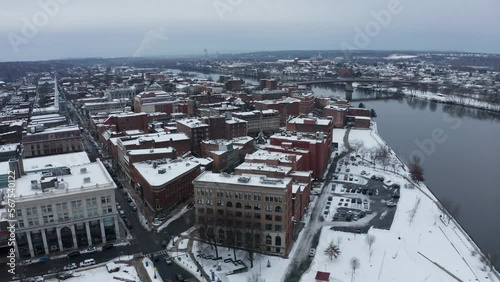 Aerial shot of Hudson River and the town of Tory, New York in winter. photo