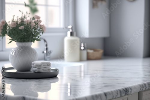 For a product display montage, background image of empty marble top table with blurred bathroom interior. Generative AI