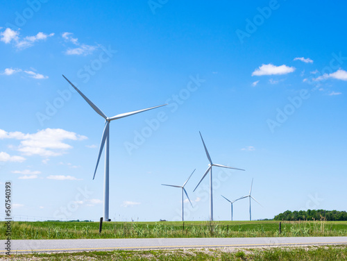 Wind turbines on a wind farm in rural southern Ontario Canada.