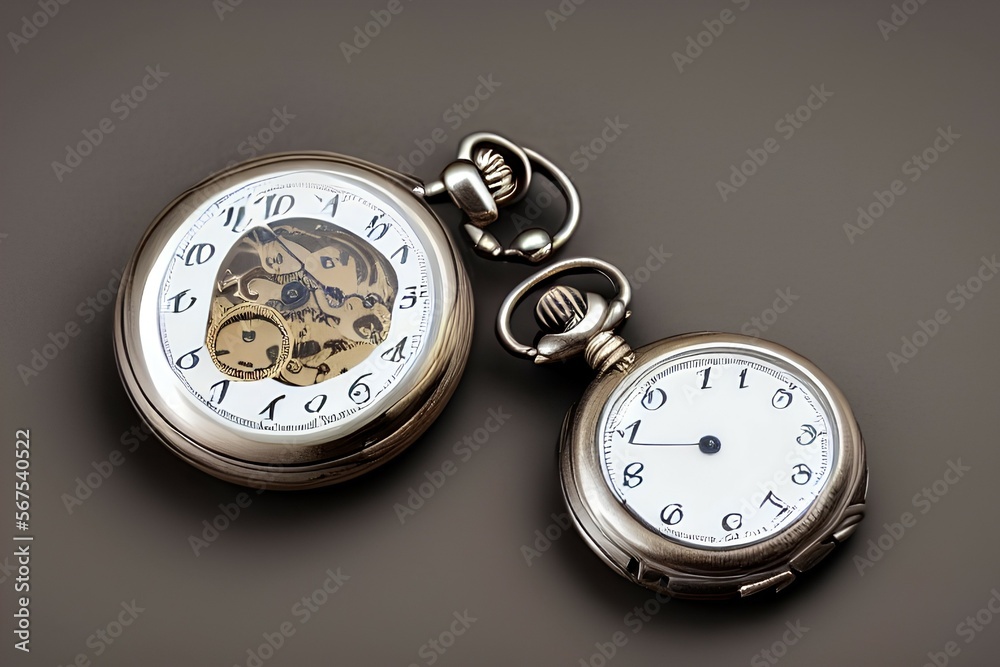 Old silver pocket watch isolated on white background, with cover - generative ai Old silver pocket watch isolated on white background, with cover - generative ai