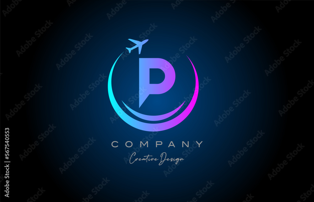 blue pink P alphabet letter logo with plane for a travel or booking agency. Corporate creative template design for company and business blue pink P alphabet letter logo with plane for a travel or booking agency. Corporate creative template design for company and business