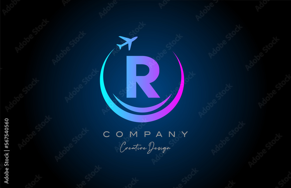 blue pink R alphabet letter logo with plane for a travel or booking agency. Corporate creative template design for company and business blue pink R alphabet letter logo with plane for a travel or booking agency. Corporate creative template design for company and business