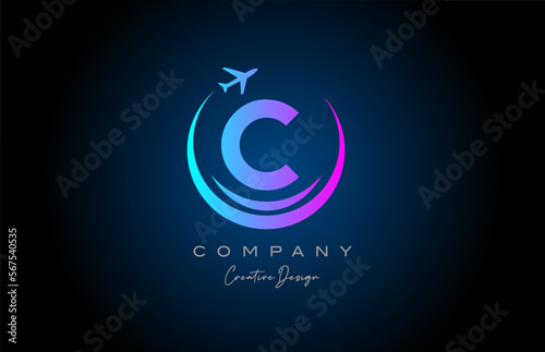 blue pink C alphabet letter logo with plane for a travel or booking agency. Corporate creative template design for company and business