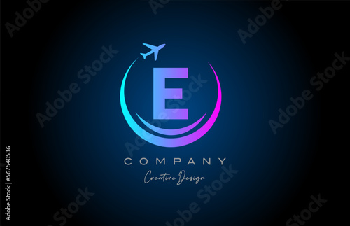 blue pink E alphabet letter logo with plane for a travel or booking agency. Corporate creative template design for company and business