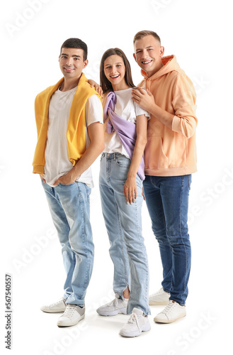 Young woman with her male friends on white background