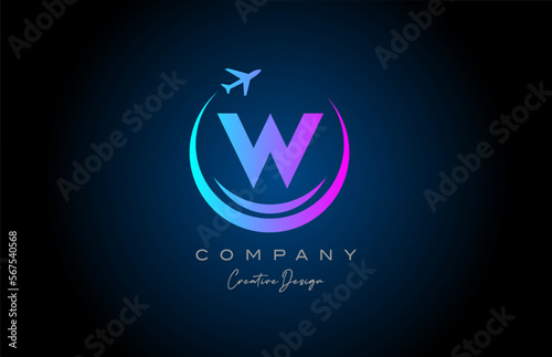 blue pink W alphabet letter logo with plane for a travel or booking agency. Corporate creative template design for company and business