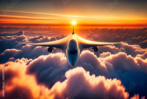 A beautiful futuristic airliner on a sea of clouds at sunset - generative ai