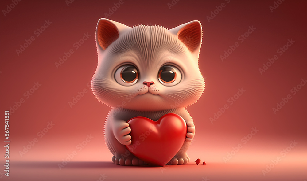 Cute Cartoon Cat Holding a Red Heart. Generative AI