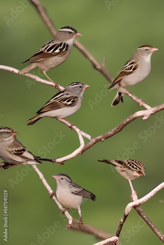 panoramic photo with a group of small funny birds sparrows sit on a branch in different poses in a winter Park - generative ai