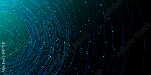 Chaotic interweaving of lines and dots on a black background. Technological background for design on the topic of artificial intelligence, neural networks, big data. Vector background