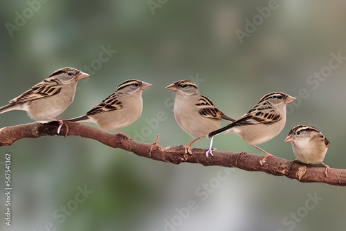 panoramic photo with a group of small funny birds sparrows sit on a branch in different poses in a winter Park - generative ai