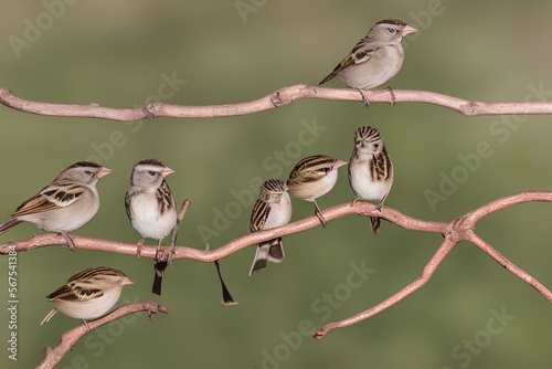 panoramic photo with a group of small funny birds sparrows sit on a branch in different poses in a winter Park - generative ai