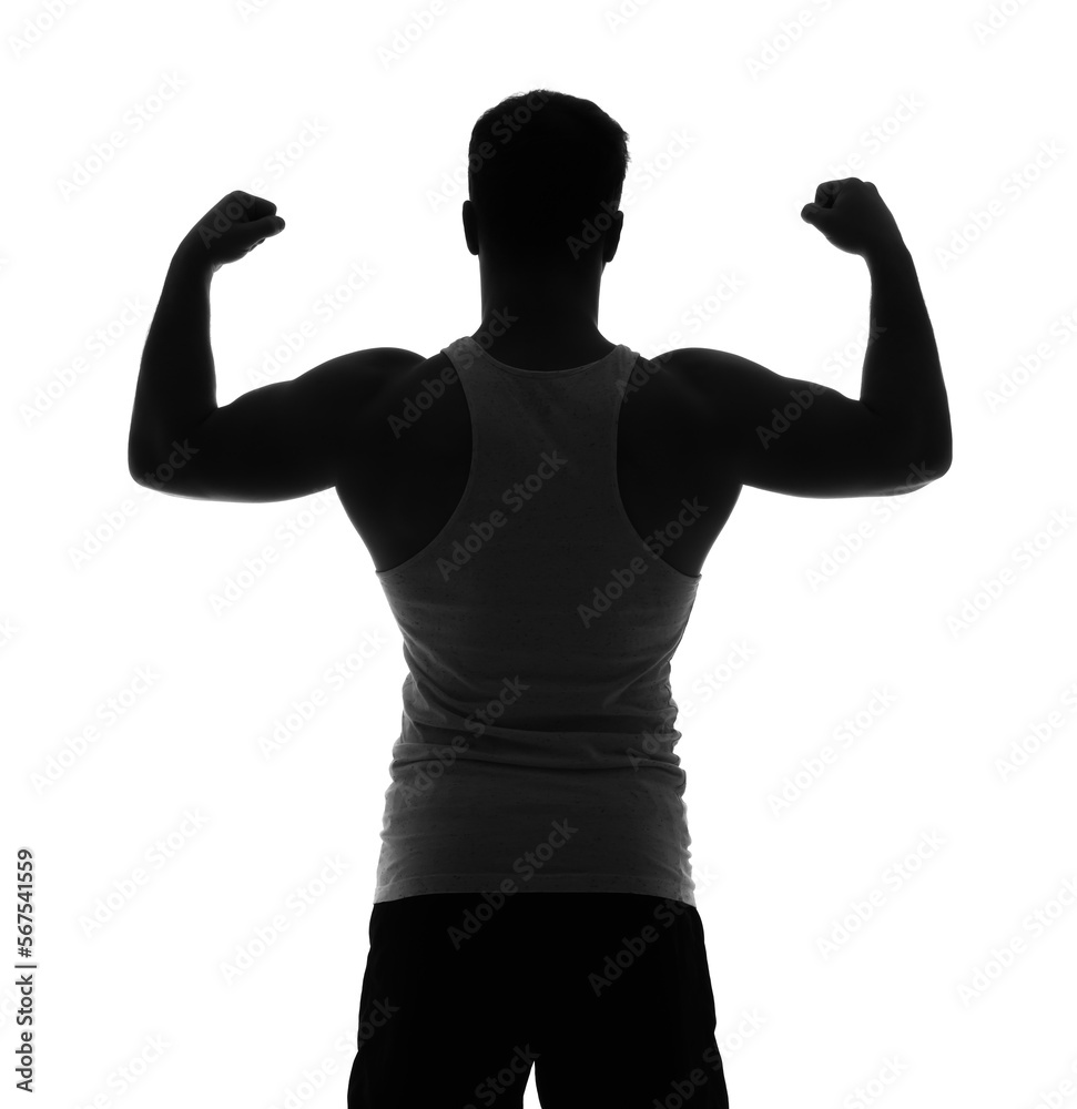 Fototapeta premium Silhouette of sporty young man showing muscles on white background, back view