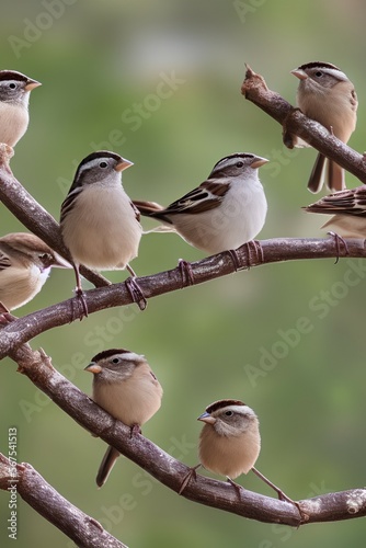 panoramic photo with a group of small funny birds sparrows sit on a branch in different poses in a winter Park - generative ai © unalcreative