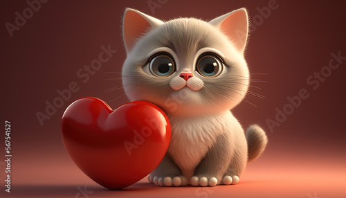 Cute Cartoon Cat Holding a Red Heart. Generative AI