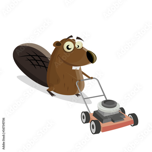 funny cartoon beaver with a lawnmower