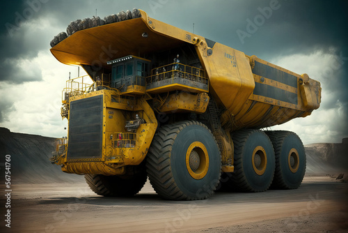 enormous yellow mining truck. Generative AI photo