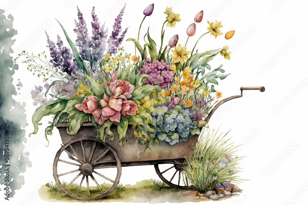 flower filled cart from the garden. Illustration in watercolor. Leaves, peonies, daffodils, and hyacinth. Generative AI
