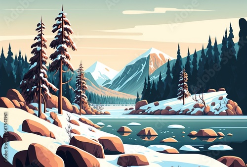 cartoon illustration, a nordic winter landscape with white mountains, snow and fir trees, ai generative