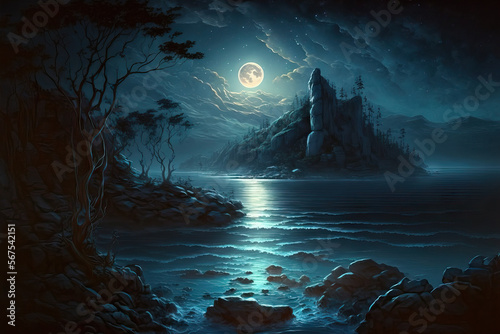 fantasy digital painting of a calm water landscape. Generative AI © 2rogan