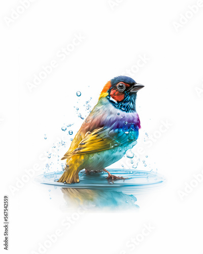 Colorful computer generated cute bird in the water on white background