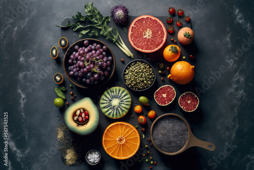 Flat lay of various fruits, seeds, and veggies on a gray table. Optimum diet. Generative AI