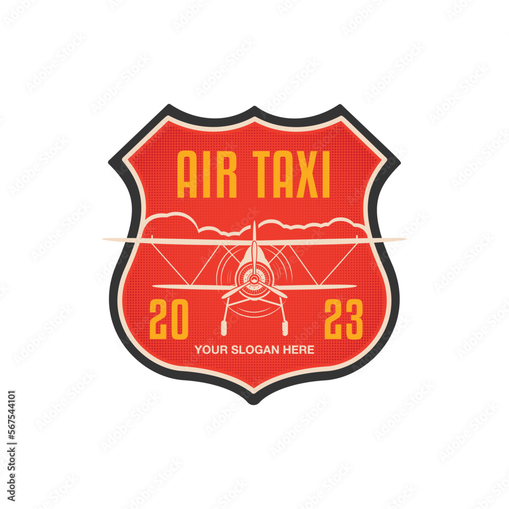 Airplane logo template with retro retro plane and clouds. Plane badge
