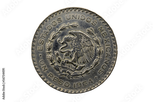 Anverso de la moneda de un peso de 1964, el escudo del águila devorando una serpiente, Estados Unidos Mexicanos