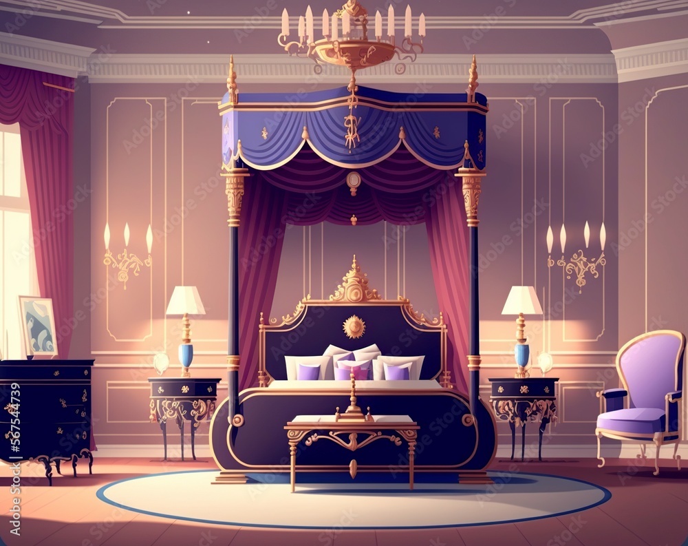cartoon illustration, king or queen luxury interior bedroom in palace, generative AI