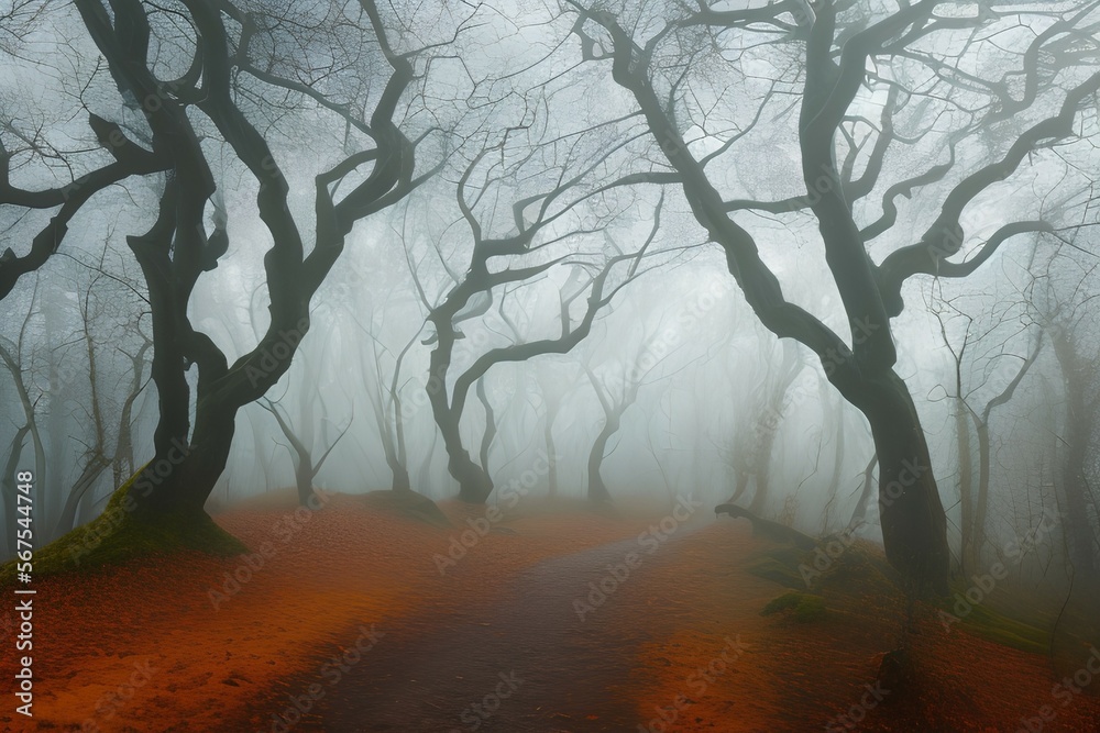 Obraz premium Trail through a mysterious dark old forest in fog. Autumn morning in Crimea. Magical atmosphere. Fairytale - generative ai