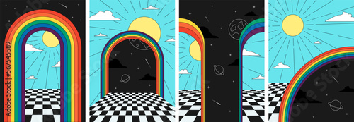 Retro groovy space in rainbow art poster set. Hippie style sun in surreal cosmic arch print collection. Vintage boho universe in abstract doorway banners. Trendy y2k pop culture geometric eps placard