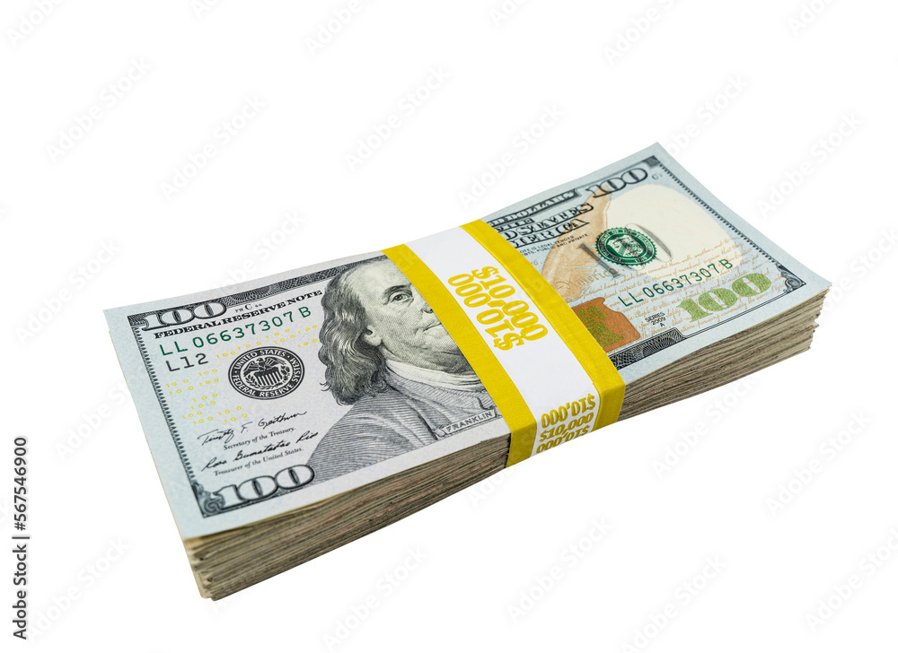 Pack of modern one hundred bills with $10000 paper currency strap isolated cut out. Pack of modern one hundred bills with $10000 paper currency strap isolated cut out.