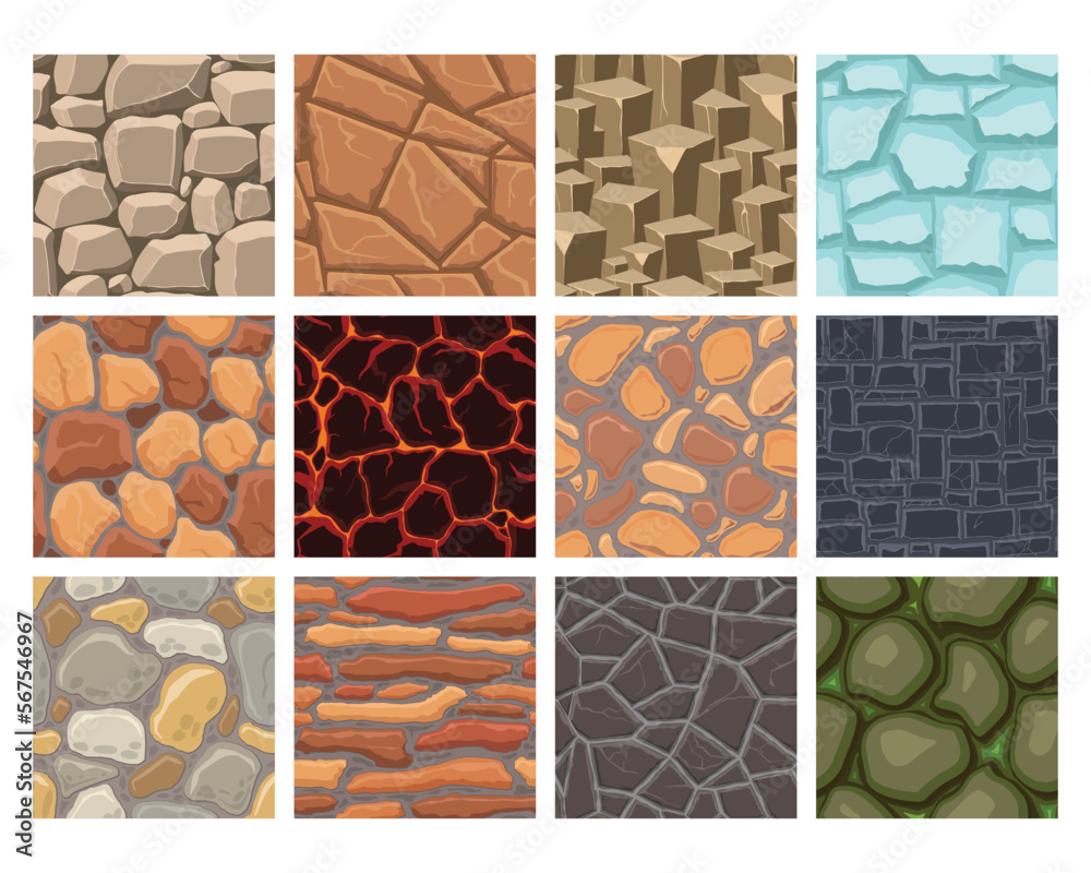 Cartoon game textures, lava, ice, rocks and brick, dirt and ground surface seamless patterns. Game assets walls and environment backgrounds
