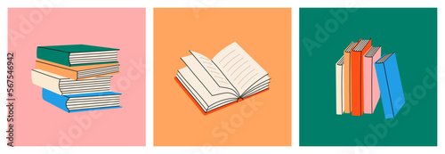 Colored posters with hand drawn closed and open books. Bookstore, library, book shop illustration. Books isolated on colored background.