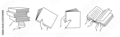 Set of hands with books. Read more. Bookstore, library, book shop illustration. Literature, dictionaries, encyclopedias, planners.