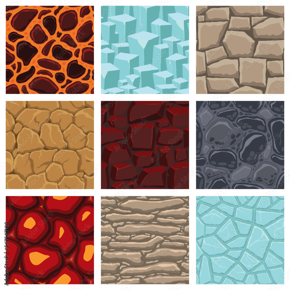 Cartoon game textures, lava, ice, rocks and brick, dirt and ground surface seamless patterns. Game assets walls and environment backgrounds