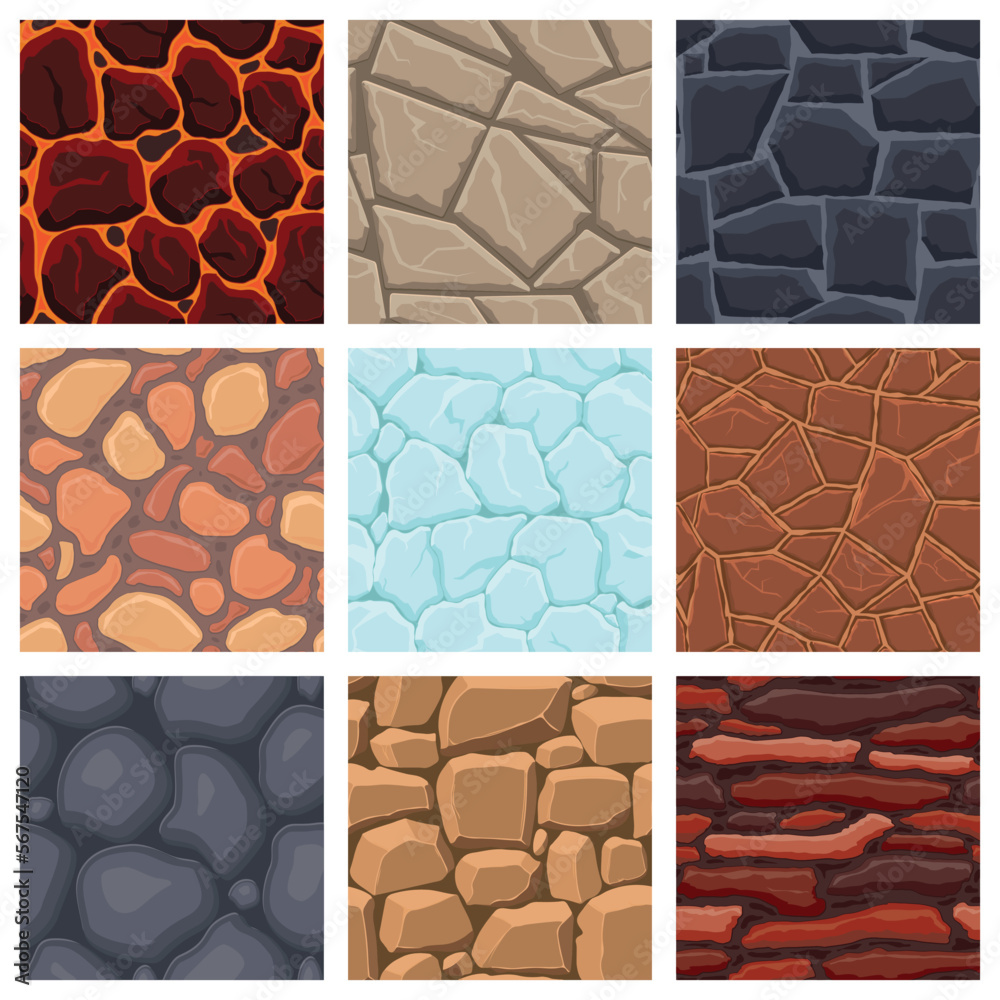 Cartoon game textures, lava, ice, rocks and brick, dirt and ground surface seamless patterns. Game assets walls and environment backgrounds