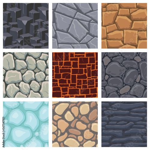 Cartoon game textures, lava, ice, rocks and brick, dirt and ground surface seamless patterns. Game assets walls and environment backgrounds
