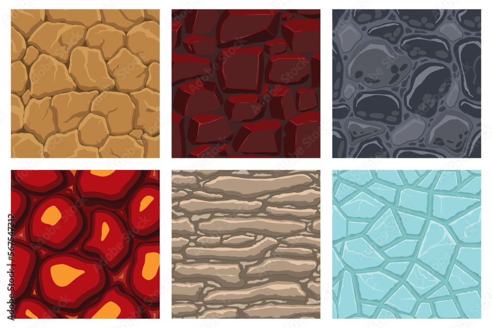 Cartoon game textures, lava, ice, rocks and brick, dirt and ground surface seamless patterns. Game assets walls and environment backgrounds
