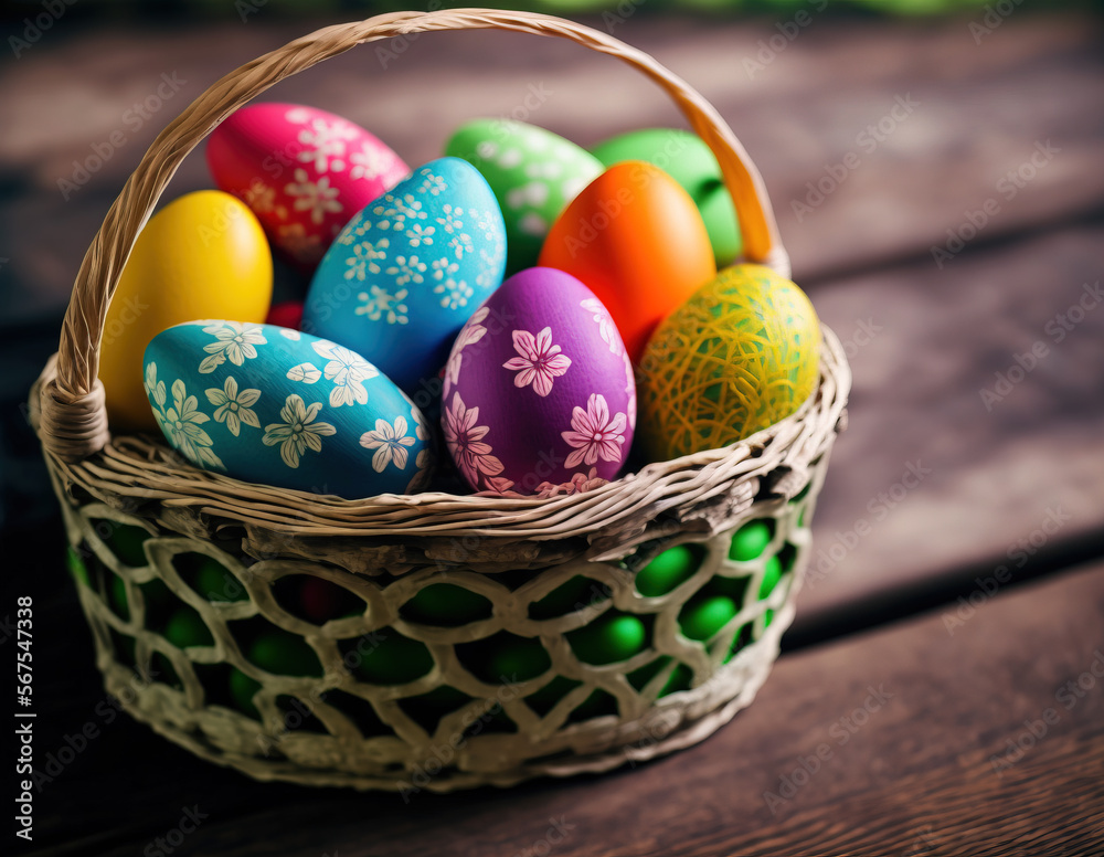 A basket filled with colorful Easter Eggs on top of a wooden table. Generative AI.