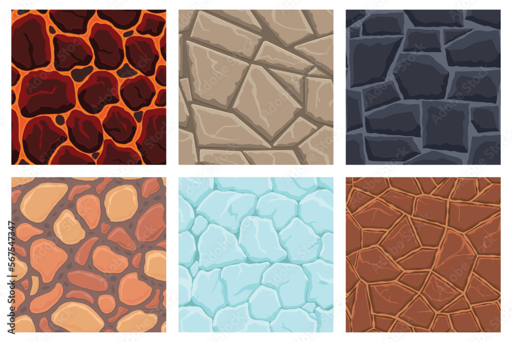 Cartoon game textures, lava, ice, rocks and brick, dirt and ground surface seamless patterns. Game assets walls and environment backgrounds