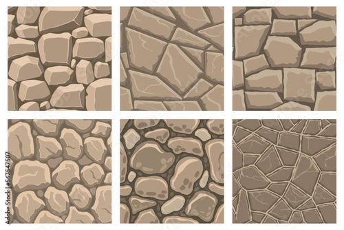 Cartoon game textures, rocks, dirt and ground surface seamless patterns. Game assets walls and environment backgrounds