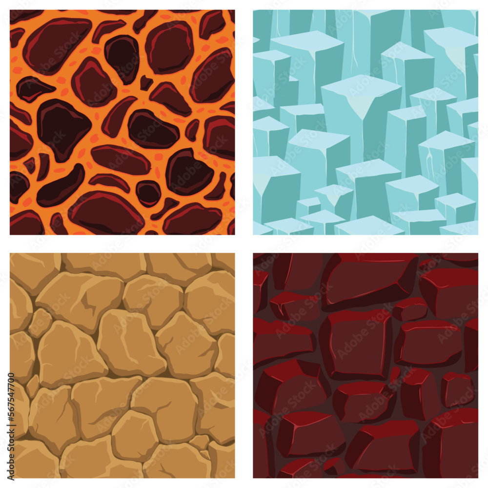 Cartoon game textures, lava, ice, rocks and brick, dirt and ground surface seamless patterns. Game assets walls and environment backgrounds