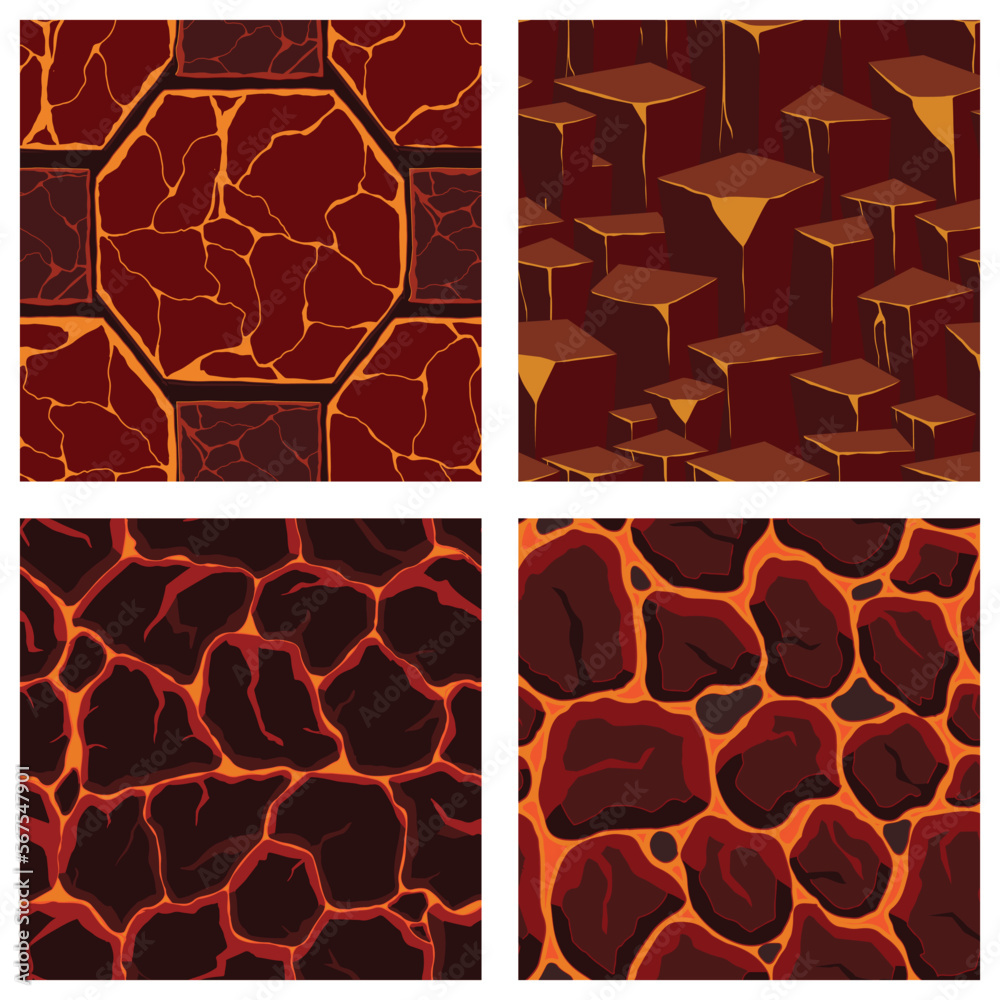 Cartoon game textures, lava surface seamless patterns. Game assets walls and environment backgrounds