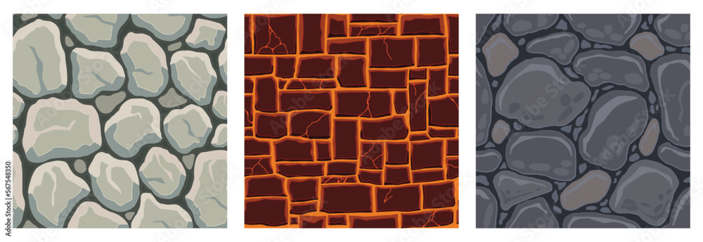 Cartoon game textures, lava, rocks and brick, dirt and ground surface seamless patterns. Game assets walls and environment backgrounds