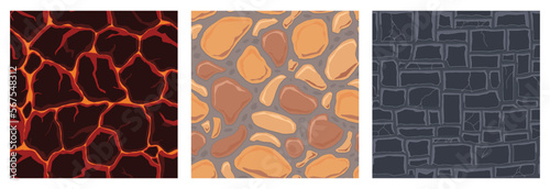 Cartoon game textures, lava, rocks and brick, dirt and ground surface seamless patterns. Game assets walls and environment backgrounds