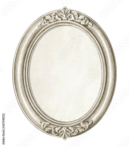 Watercolor vintage antique silver oval frame with ornate pattern and empty space isolated on white background. Hand drawn illustration sketch