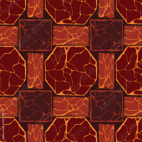 Cartoon game texture, lava surface seamless pattern. Game asset walls and environment background