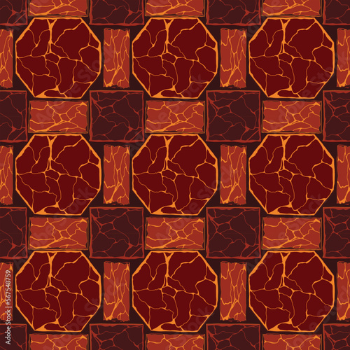 Cartoon game texture, lava surface seamless pattern. Game asset walls and environment background