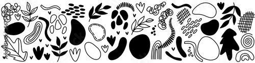 Vector abstarct shapes. For surface design, printing on paper and fabric. Handdrawn waves, shapes, circles, flowers, leaves, branches. For social media post design

